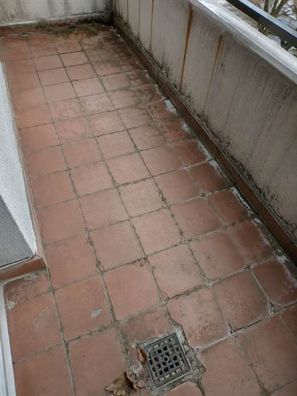 Balkon u Osijeku prije sanacije: pločice oštećene smrzavanjem i mahovina u fugama